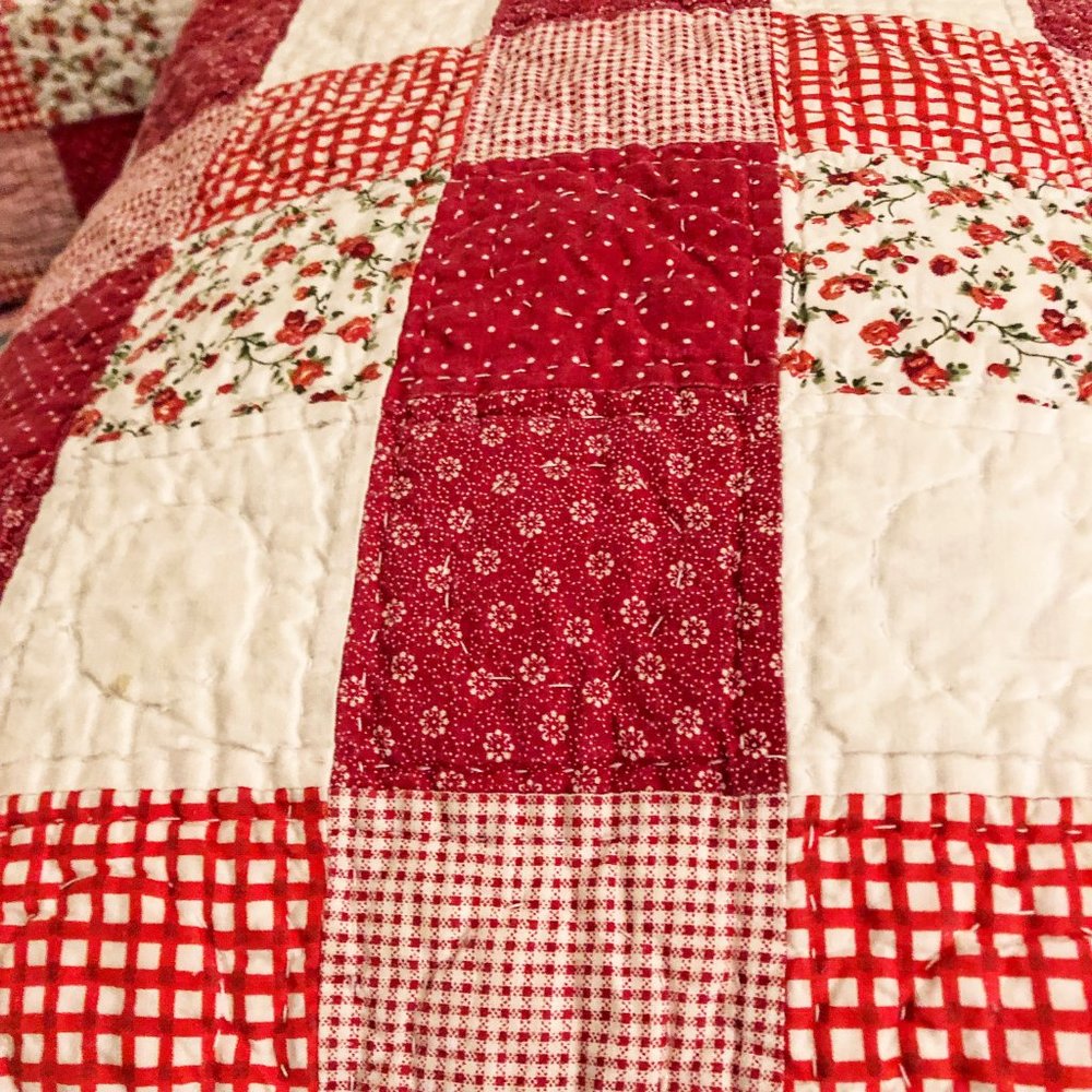 Red and White Quilted Patchwork Pillow Shams